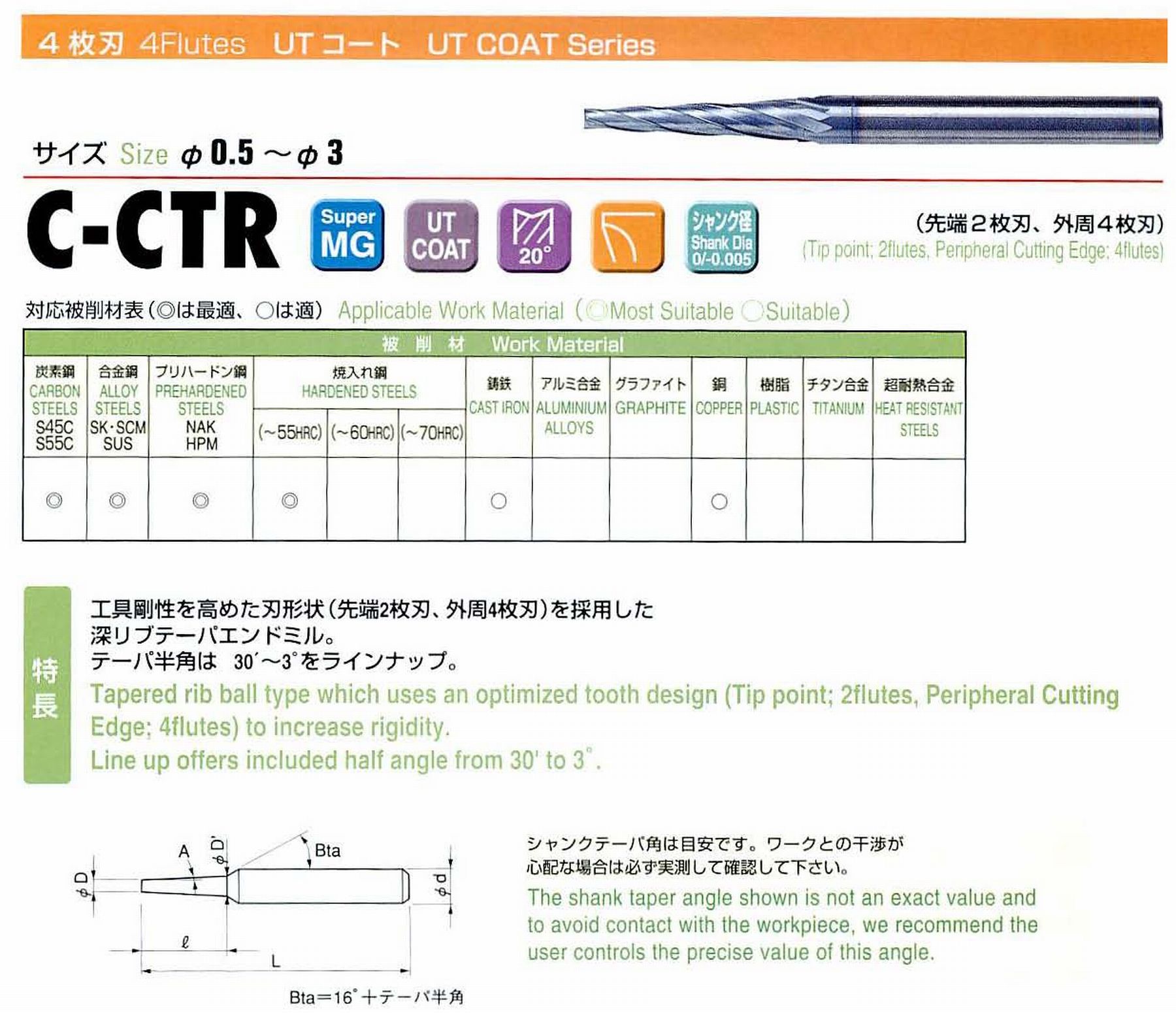 ユニオンツール 4枚刃 C-CTR4016-10-4 先端径1.6 テーパ半角2° 刃長10 大端径2.30 全長45 シャンク径4
